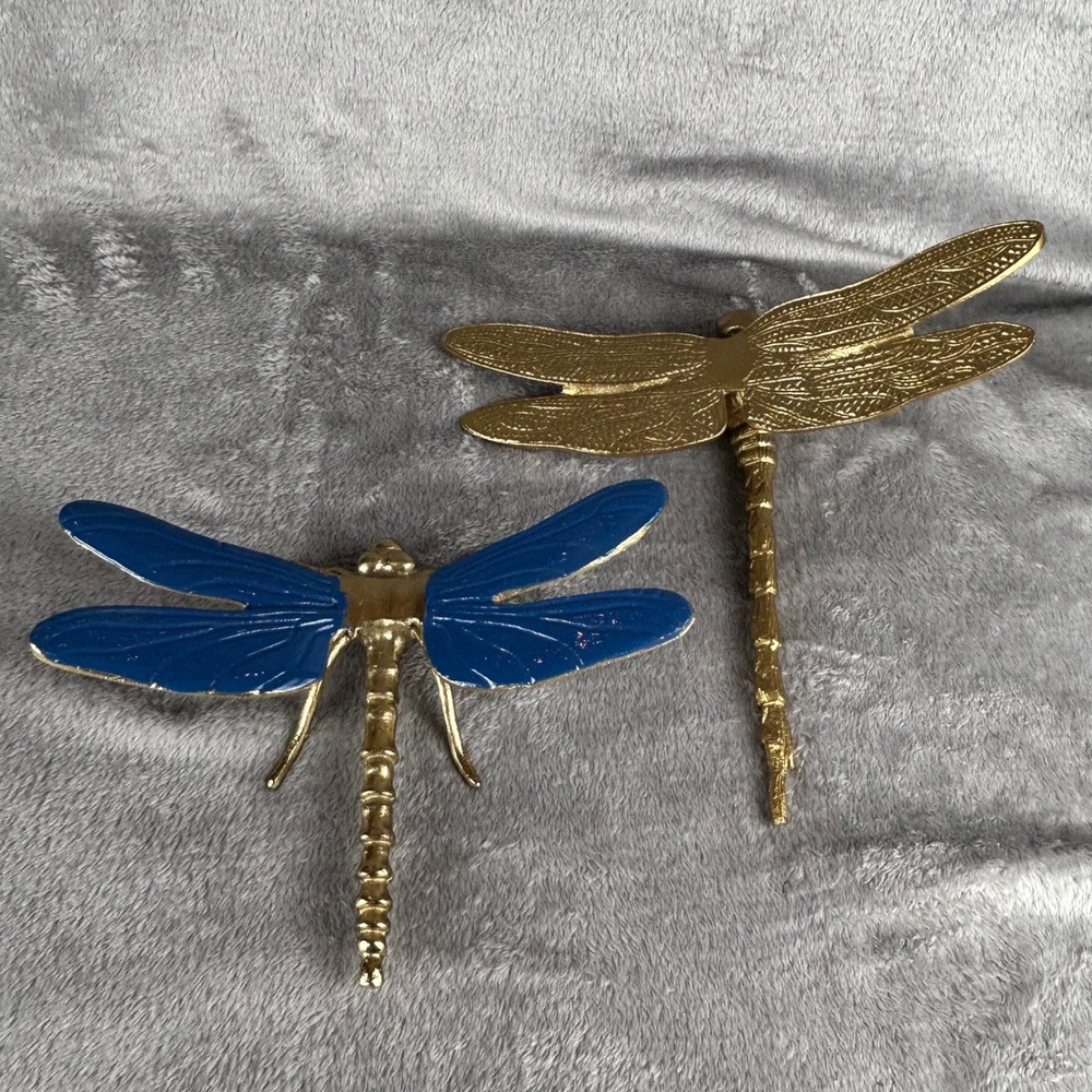 Vintage Gold Metal Dragonfly Wall Decor Set of 2 Blue Enameled Wing Insects